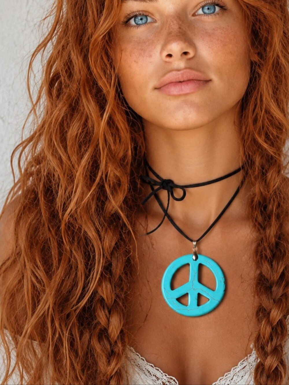 Free People Jewelry Turquoise Peace Sign Pendant Necklace Black Leather Cord
